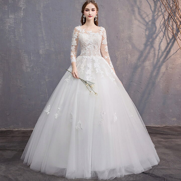 楽天市場】ウェディングドレス 袖あり 長袖 ホワイトドレス Aライン  