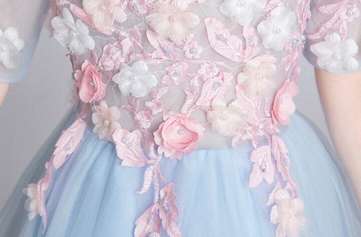 楽天市場 水色 ドレス 160 子供ドレス ピアノ発表会 ロングドレス ブルー ピンク 配色 おしゃれ 女児ドレス 演奏会ドレス フラワー フリル 素敵 キレイめ トレーンドレス キッズドレス 七五三ドレス 入学式 卒業式 演出服 ステージドレス 100 160cm 送料無料 ベル