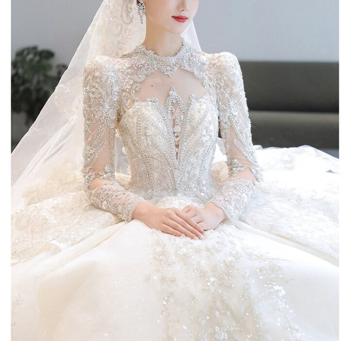 楽天市場】送料無料 ウェディングドレス 白 長袖 立ち襟エレガント  