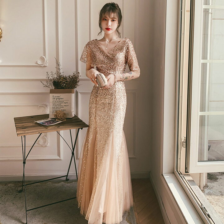 楽天市場】送料無料 マーメイドドレス シャンパンゴールド イブニング  