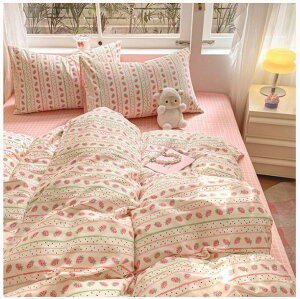 送料無料 布団カバーセット 超可愛い 苺柄 イチゴ チェック柄 子供部屋 掛ふとんカバー3点セット 4点セット 寝具カバーセット シングル ダブル ボックスシーツ/フラットシーツ 綿100% 肌に