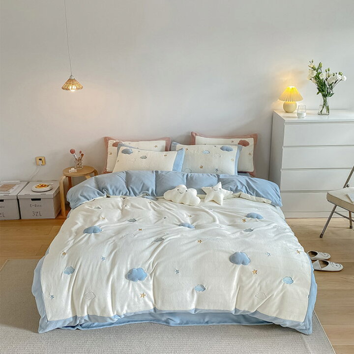 楽天市場 布団カバー 星柄 ホワイト ブルー 寝具 冬 3点セット 4点セット 厚手 あったか モコモコ 敷カバーセット 刺繍 可愛い 女の子 女児 布団カバーセット シングル ダブル 寝室 ギフト プレゼント 送料無料 ベルロデオショップ