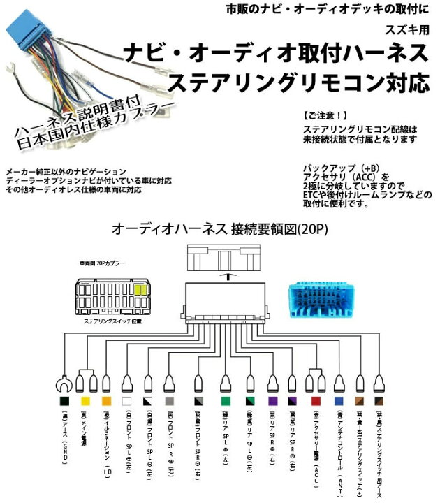 スズキ ソリオ H23.1〜R2.12 20P ステアリングリモコン対応 配線キット ナビ オーディオ 取付け ハーネス オーディオハーネス  取付説明書 20ピン配線 配電図付 ナビ取付 載せ替え 市販 社外 ナビ 取付 中間ハーネス 20ピン ベストパーツ