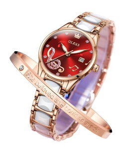 OLEVS腕時計レディース日本ムーブメント人気セラミック防水夜光ピンクゴールドローズゴールド見やすい日付ブレスレット付き赤/レッド