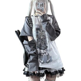 [YEMOCILE]地雷系Tシャツレディース長袖半袖2way袖が取り外し可能原宿系量産型ストリート系韓国服プルオーバー病み可愛い漫画プリントゆったり体型カバーおしゃれサブカル系大きいサイズ…