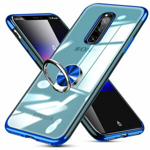 Xperia1ケースリング付きクリアSO-03LSOV40ケースTPU透明メッキ加工耐衝撃車載ホルダー対応スタンド機能防塵薄型軽量落下防止一体型変形防止ソニーエクスペリア1カバー青