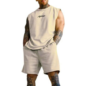 [Anmur]ジャージ上下セットメンズ夏服タンクトップ+ショートパンツランニングトレーニング快適ポケット付きウエスト無地調整可能通気カジュアルトレーニング上下スウェット
