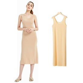 [TUPOLILI]0.1mm極薄冷感スリップインナーワンピースロングシームレス吸汗速乾ひんやりペチワンピルームウェアノースリーブストレッチタンクワンピース透けない静電気防止クールキャミソ…