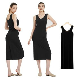 [TUPOLILI]0.1mm極薄冷感スリップインナーワンピースロングシームレス吸汗速乾ひんやりペチワンピルームウェアノースリーブストレッチタンクワンピース透けない静電気防止クールキャミソ…