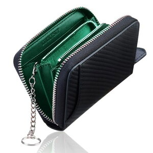 小銭入れメンズ本革コインケースミニ財布8カード入れキーリング付き小さい財布コンパクトカーボンレザー(カーボンブラックxグリーン)