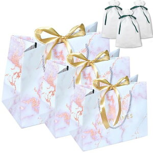REDICEギフトバッグ手提げ袋ラッピング袋紙袋リボン付き巾着袋3枚付き厚手ギフト包装プレゼント用大理石柄贈り物引出物袋クリスマス結婚式バレンタイン(S+M+L桃色)