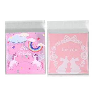 MAEXUS自粘着ラッピング袋透明な10cmOPP袋200枚入りプレゼント袋小分け袋可愛いバッグお菓子包装福袋の袋収納ラッピング袋ウェディングプレゼントラッピング袋ユニコーンといちご