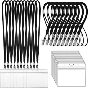 LEADINTOPネームホルダー50枚名札ケースネックストラップ吊り下げ名札イベント用スタッフパス名刺IDカードホルダー社員証ケース入れ首下げ展示会透明防水セット横型