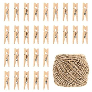 NUOLUXミニクロスピン木製ピンチ麻ロープ麻紐DIY写真ガーランド手芸用紐(100個クリップ+100M麻縄)フォトフレーム壁掛けクロスピンピクチャークリップ写真クリップ