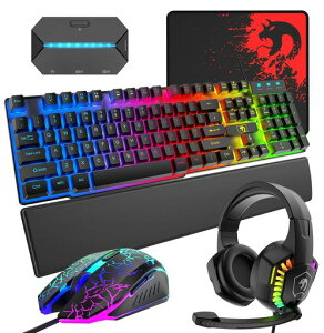 MambasnakeゲーミングキーボードマウスヘッドホンコンバーターセットUSBメンブレン式有線防水多機能マルチメディアキー2400DPI調整なマウス6つのボタンマウスパッド付きハンドレストゲーミ…