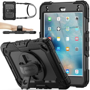 SEYMACstockiPadMini5/Mini4��p�P�[�X�ϏՌ��ی�t�B�����t���y�����[360°��]�X�^���h�n���h�X�g���b�v�V�����_�[�X�g���b�v�S�ʕی�J�o�[(�u���b�N)