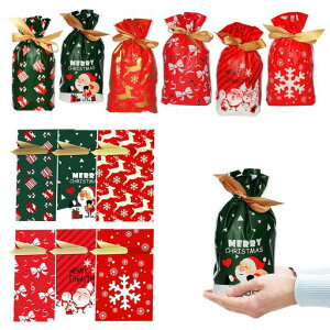 【BEAUTYPLAYER】ラッピング袋クリスマス巾着袋17*25cmギフトバッグ6種類共24枚ビニール袋引きひも袋お祝いバッグキャンディスナックビスケットファッションパーティーバッグ両面印刷プロ…