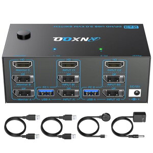 ANXQQ 2����3�o�� KVM�X�C�b�` HDMI + 2Displayport�A8K@60Hz/4K@144Hz KVM Switch�A�N���[��/�g�����[�h���T�|�[�g�A3�̃f�B�X�v���C��4��USB 3.0�|�[�g�����L�A�d���A�_�v�^�[�ƗL�������R���t��