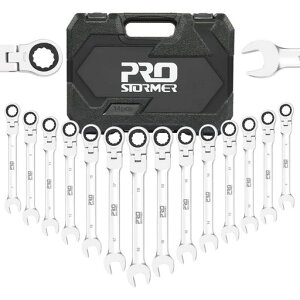 Prostormerフレックスラチェットレンチ角度調整可能72ギアラチェットコンビネーションレンチセット6-19mm14本組自動車修理車メンテナンス組み立てDIY収納ケース付き