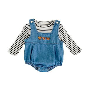 ベビー服サロペットデニム春秋服ボディスーツ男の子女の子カバーオール長袖Tシャツ2点セット赤ちゃん七五三バースデー贈り物ブルー100cm