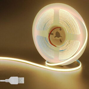 �N���A�q��(Clearhill)5V ��5mm COB LED�X�g���b�v���C�g 5M �����F 3000K 400LEDs/M 8W/M�ACRI90�A800lm ���b�L���H���ʃp�l�����C�g�X�g���b�v ��h��IP20 1M USB�X�C�b�`�P�[�u�� DIY