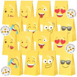 moinmoinラッピング8種x2枚ずつ16枚セットシール16枚付幅12x高さ21xマチ7cm/顔フェイス絵文字顔文字イエローラッピングクラフト袋ギフト笑顔スマイル大量徳用紙袋2305ra418