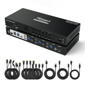 TESmart 4����3�o�� KVM�X�C�b�` HDMI+DP+USB-C MST�Ή� USB3.0 4PC3���j�^�[ KVM�ؑ֊� 4K@60Hz 4�|�[�g KVM�؂�ւ��� 4��p�\�R��3�f�B�X�v���C�p L/R�I�[�f�B�I&�}�C�N LAN�|�[�g