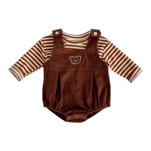 Babykoiベビー服サロペットトップス春秋服ボディスーツ女の子カバーオール長袖シャ上下セット赤ちゃん七五三バースデー贈り物ボーダーコーヒー色70cm