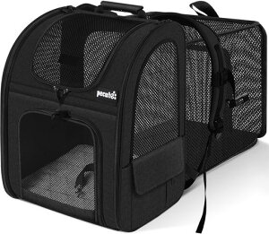 ペキュートPecuteペットキャリーバッグ猫用犬用リュックメッシュ窓通気性拡張可能2WAYペットハウスケージ折り畳みお出かけドライブ旅行通院防災避難用キャリーブラック