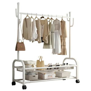 ハンガーラックおしゃれ頑丈キャスター付き棚付きパイプハンガー組み立てが簡単高耐荷重倒れない防サビ洋服ラック大容量幅120cm多機能収納両側のフック付き洋服掛け家庭、個人、子供…