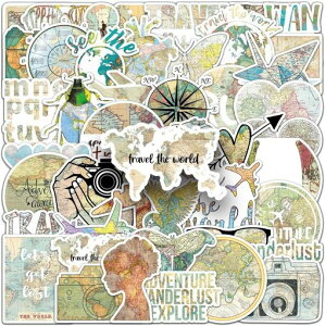 50枚のヴィンテージ世界地図ステッカー、レトロな旅行用地球儀コンパス地図作成美的ステッカー、日記、スクラップブック、ノートパソコン、荷物、旅行工芸用