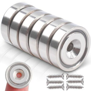 強力マグネットネオジム磁石超強力穴・ネジ付き防水防錆倉庫用、オフィス用、屋外用、キッチン用、工業用壁掛け多用途丸形ネオジウム磁石直径16mm-6個入