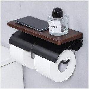 ヲンシウトイレットペーパーホルダー天然木棚付き片手で切れるおしゃれ2連シングルダブル2倍巻き3倍巻き紙巻器ホルダーカバースチール製アイアン賃貸対応トイレ収納(ナチュラルxホワ…