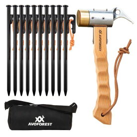 AVOFORESTペグハンマー+ペグ20CM10本付きペグハンマーセットキャンプペグ反射材入りロープ付き高炭素鋼製ペグ打ち抜き真鍮製ヘッド木製ハンドル収納袋付き設営工具テントキャンプ用品