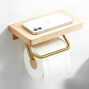lanzoubトイレットペーパーホルダー木製棚付きスマホ置きインテリア紙巻器壁掛け小物置きトイレペーパーホルダー?木&太空アルミアンティーク調おしゃれペーパーホルダー穴あけ不要取…