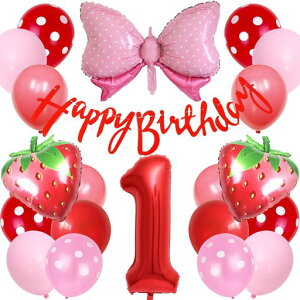 Lausatekバルーン誕生日1歳風船セットHAPPYBIRTHDAYバースデーガーランドバースデー飾り付け数字1いちご蝶結び装飾お祝いイベント子ども男の子女の子赤レッド
