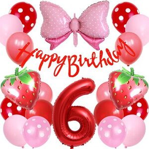 Lausatekバルーン誕生日6歳風船セットHAPPYBIRTHDAYバースデーガーランドバースデー飾り付け数字6いちご蝶結び装飾お祝いイベント子ども男の子女の子赤レッド