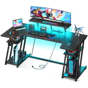 MOTPKゲーミングデスクl字パソコンデスクpcデスクコンセント付きl字デスクデスク机LEDライト付き幅152*奥行70ラック付きゲーミングテーブルモニター台付き炭素繊維天板カップホルダーとフ…