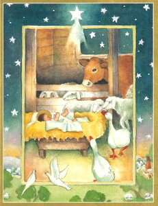 Caspari カスパリ 輸入クリスマスカード グリーティングカード 二つ折り メッセージ入り おしゃれ アメリカ 高級感 高品質 シーズングリーティング スイスプリント 降誕 馬小屋 ベツレヘム A S