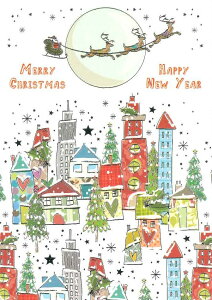 【クリスマスカード】QUIRE(クワイヤー) グリーティングカード BONTEMPI 輸入 海外 オランダ 定形サイズ 封筒付き 二つ折り カラー封筒 箔押し 空を翔けるサンタ