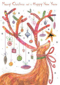 【クリスマスカード】QUIRE(クワイヤー) グリーティングカード Aqua Dolce 輸入 海外 オランダ 定形サイズ 封筒付き 二つ折り カラー封筒 箔押し 水彩タッチ ぬくもり トナカイ 飾りのついた