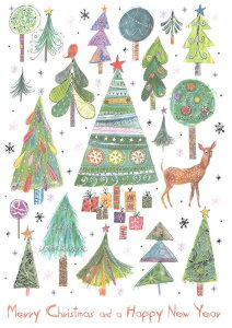 【クリスマスカード】QUIRE(クワイヤー) グリーティングカード Aqua Dolce 輸入 海外 オランダ 定形サイズ 封筒付き 二つ折り カラー封筒 箔押し 水彩タッチ ぬくもり 鹿 ツリーに囲まれたプ
