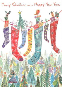 【クリスマスカード】QUIRE(クワイヤー) グリーティングカード Aqua Dolce 輸入 海外 オランダ 定形サイズ 封筒付き 二つ折り カラー封筒 箔押し 水彩タッチ ぬくもり 靴下 クリスマスソック
