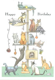 【バースデーカード　グリーティングカード　輸入カード　誕生日】オランダ QUIRE（クワイヤー）定型サイズ　封筒付き　箔押し　エンボス加工　Mac Classic　Happy　Birthday キャッツ　猫集合