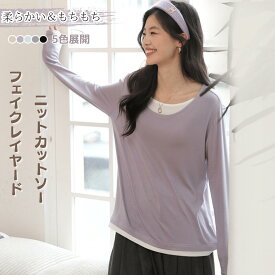 フェイクレイヤード ニット カットソー 長袖 秋 冬 クルーネック Tシャツ インナー アウター 通勤 重ね着 フェイク2ピース ゆったり 大きめ 大人 レディース トップス 体型カバー 通気性 伸縮性 柔らかい もちもち ソフト オフィス 部屋着 無地