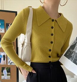 カーディガン ニット 春 長袖 通勤 大き目襟 フィット感 カジュアル 組み合わせやすい 大人 レディース トップス ピッタリ きれいめ 通気性 エレガント 暖かい 着やせ 黄 ブルー 前開き オフィス フリー 部屋着 ニット 純色 無地 ボタン 秋 冬