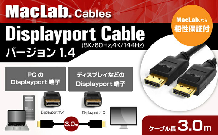 楽天市場 ランキング１位獲得 ディスプレイポートケーブル 3m Maclab Displayportケーブル 8k 60hz 4k 144hz Dp1 4 Hdr対応 ブラック Dp30bk14 Dp 3 0m ゲーミング モニター グラフィックボード アダプタ コード 延長 自作 L ベストクリック 楽天市場店