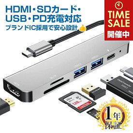 楽天1位獲得 USB Type-C ハブ HDMI 6-IN-1 1年保証 [ 4K HDMI＋USB 3.0＋USB 2.0＋PD充電 87W対応＋SDカードリーダー ] タイプc usbc hdmiケーブル 変換 アダプタ thunderbolt c端子 USB4 アダプタ Apple MacBook Mac Book Pro iMac Galaxy S25 S24 iPhone17 Pro |pre