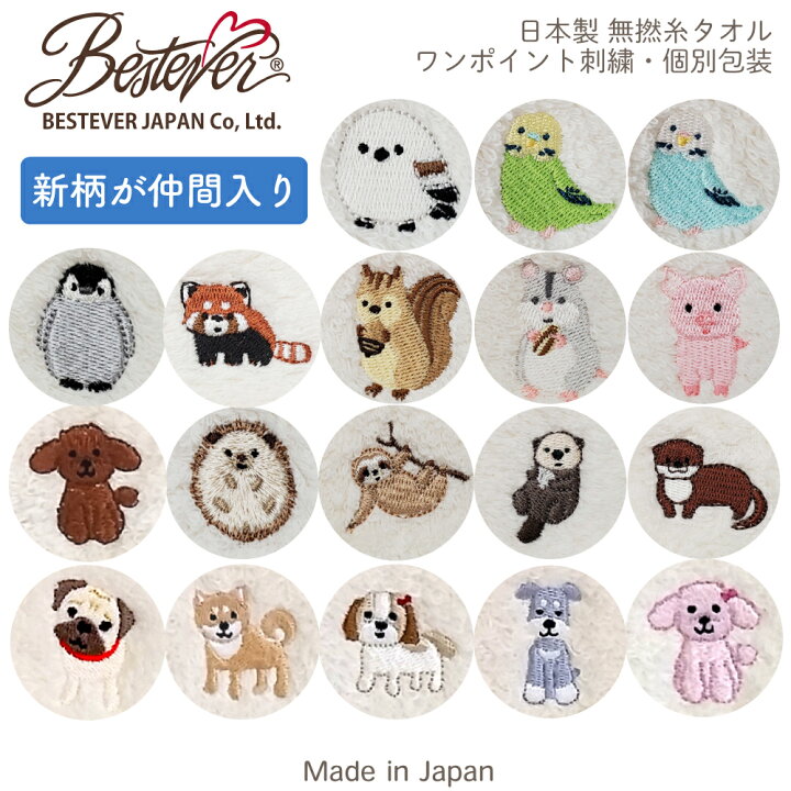楽天市場 5枚セット Bestever 日本製 ミニタオル ハンカチ ハンドタオル 綿100 無撚糸 無漂白 犬 ワンポイント プチギフト お返し Made In Japan ナマケモノ ハリネズミ ラッコ カワウソ ペンギン レッサーパンダ プードル シーズー パグ シュナウザー 柴犬