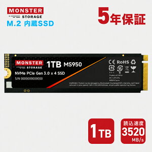 Monster Storage SSD 1TB NVMe SSD PCIe Gen 3×4 �ǂݎ��: 3,520MB/s �������݁F2,900MB/s ����SSD M.2 Type 2280 3D NAND ����5�N�ۏ� �������� MS950G30PCIe3-01TB